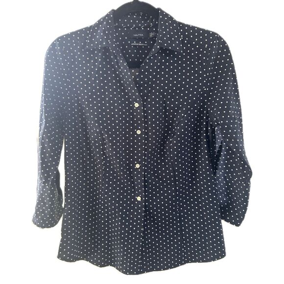 Nautica Women's 100% Cotton Wrinkle Resistant Navy Polka Dot Button Down Shirt S - Picture 1 of 5